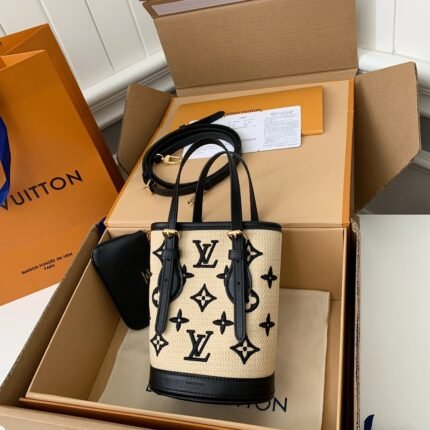 Louis Vuitton New Lafite Cotton Embroidered NANO BUCKET Handbag M82418 Size: 13 * 17 * 9cm